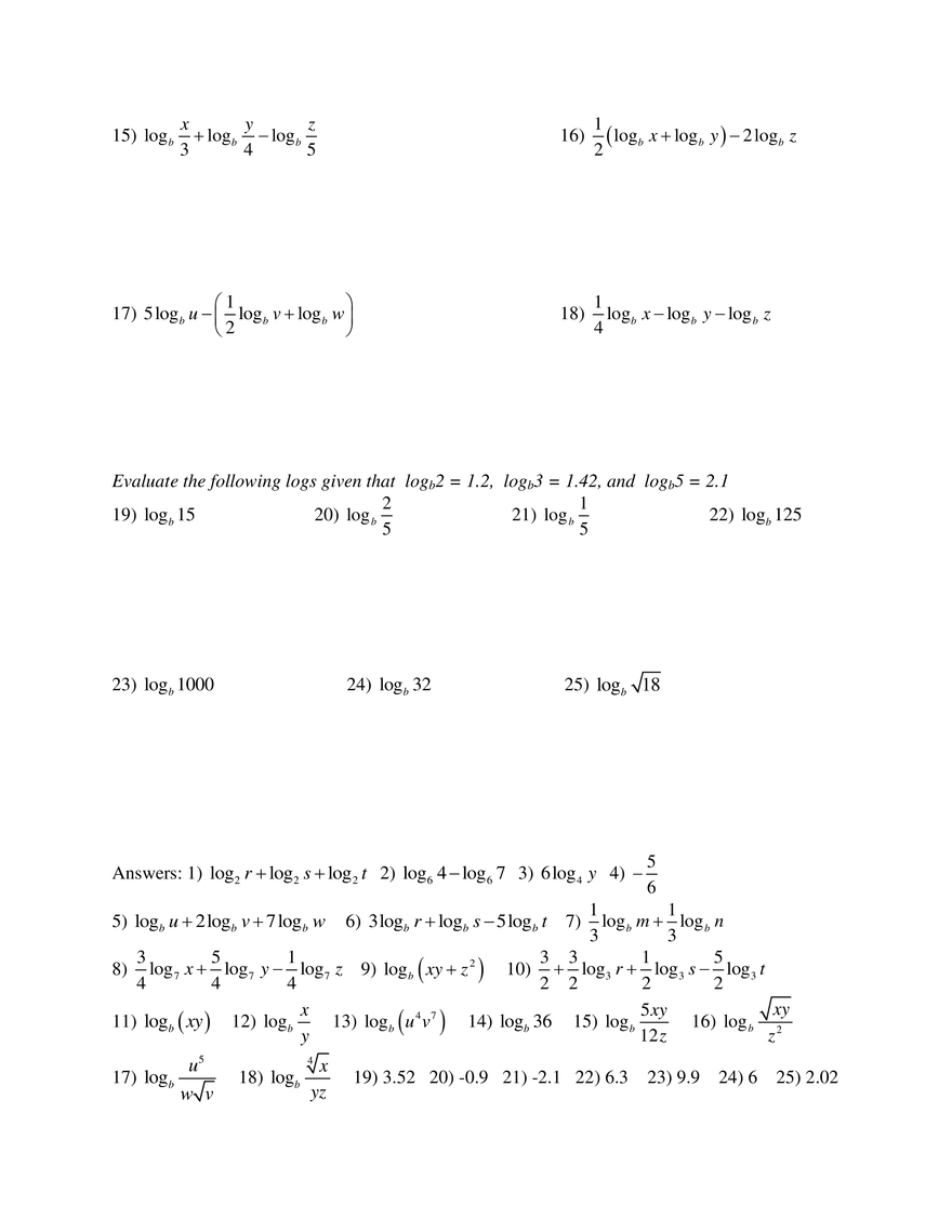 Properties of Logarithms, Answers Everett Community College Edubirdie