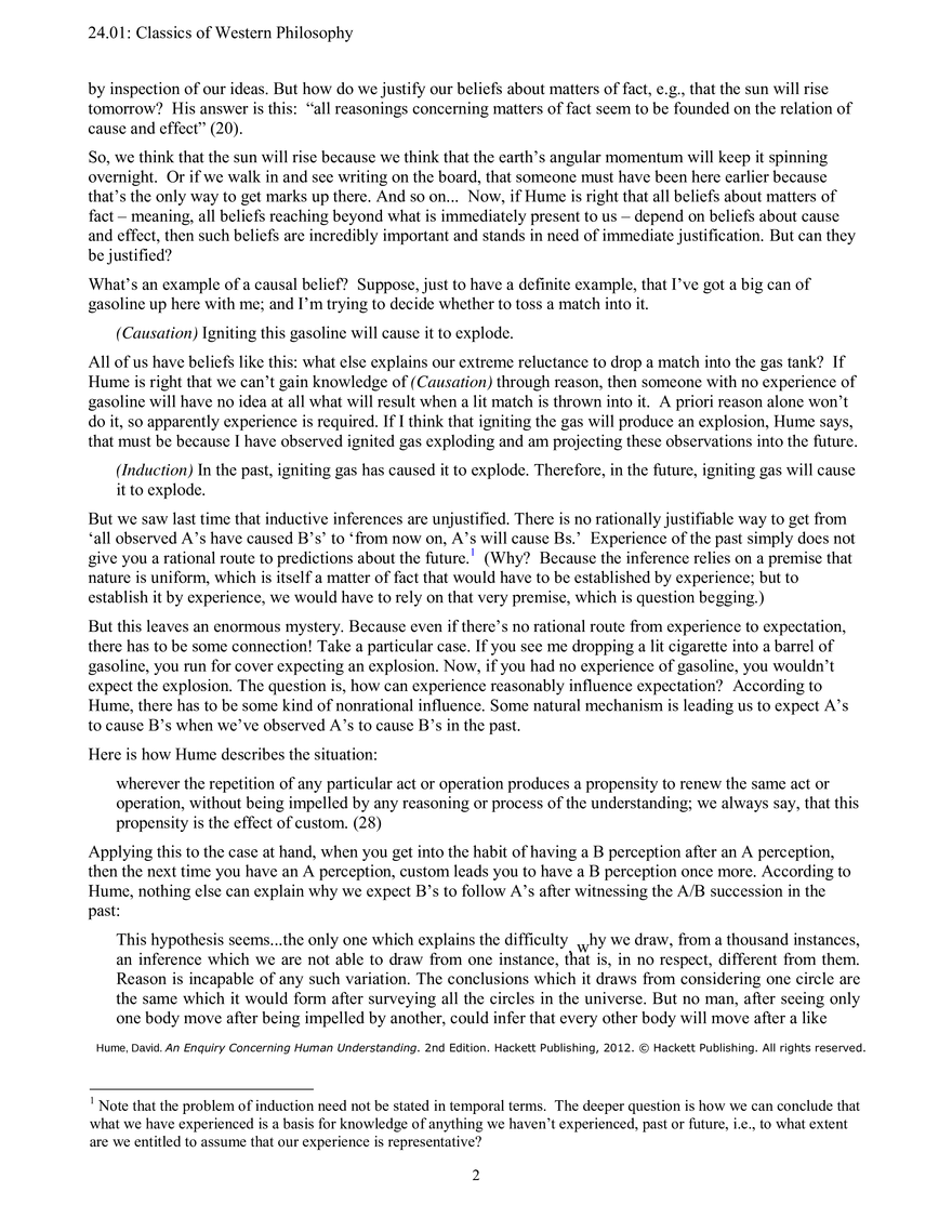 24.01 S16 Hume on Causation Massachusetts Institute of Technology