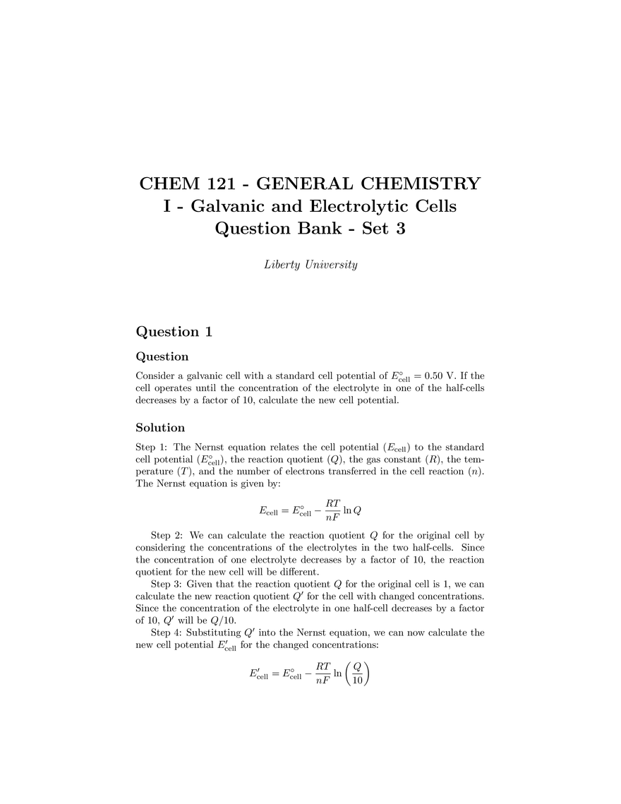 Galvanic and Electrolytic Cells Question Bank Set 3 Liberty