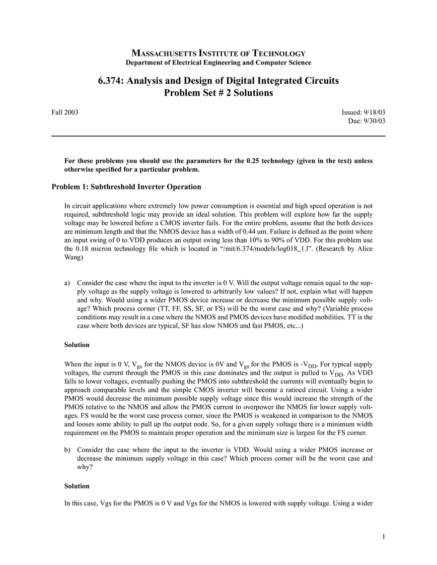 6.374 Analysis and Design of Digital Integrated Circuits Problem Set