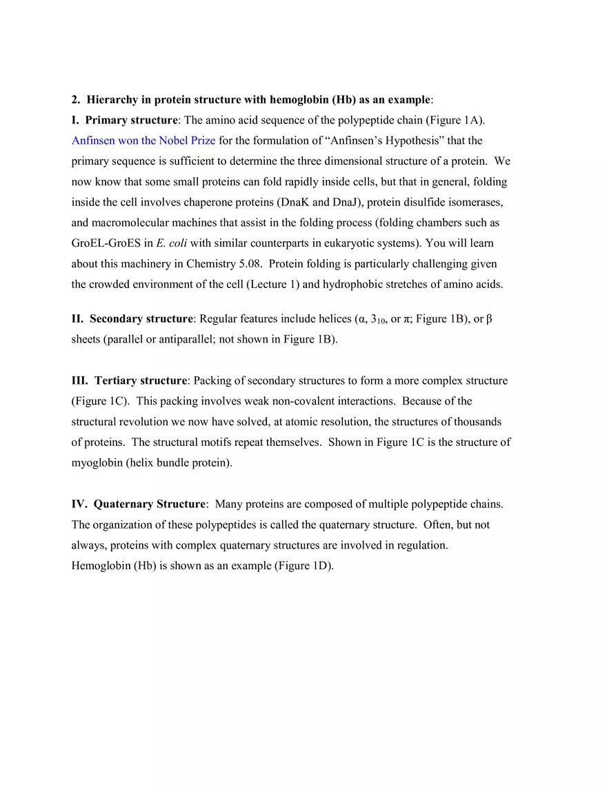 Lectures 2 and 3 Notes Introduction to Protein Structure and Function
