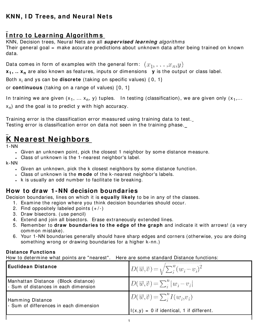 KNN, ID Trees, and Neural Nets Study Guide Edubirdie