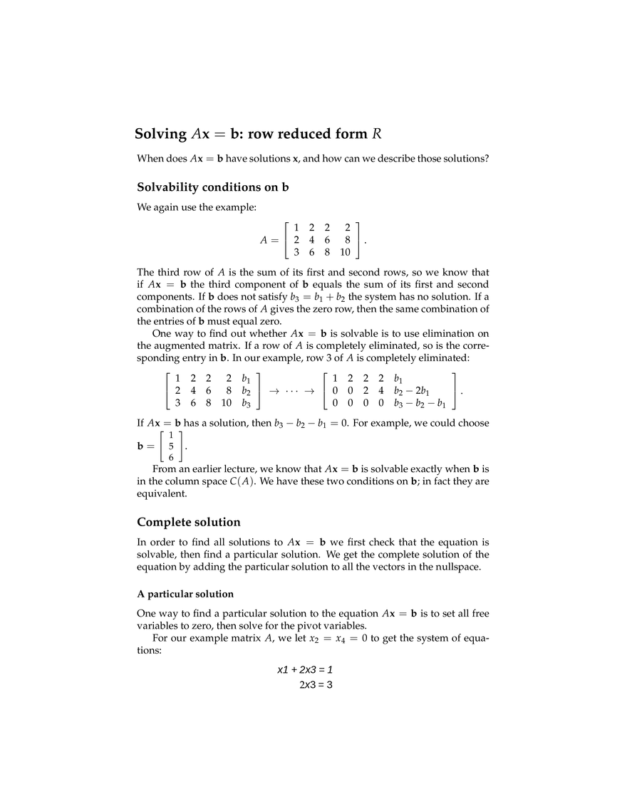 Solving Ax = b Row Reduced form R Massachusetts Institute of