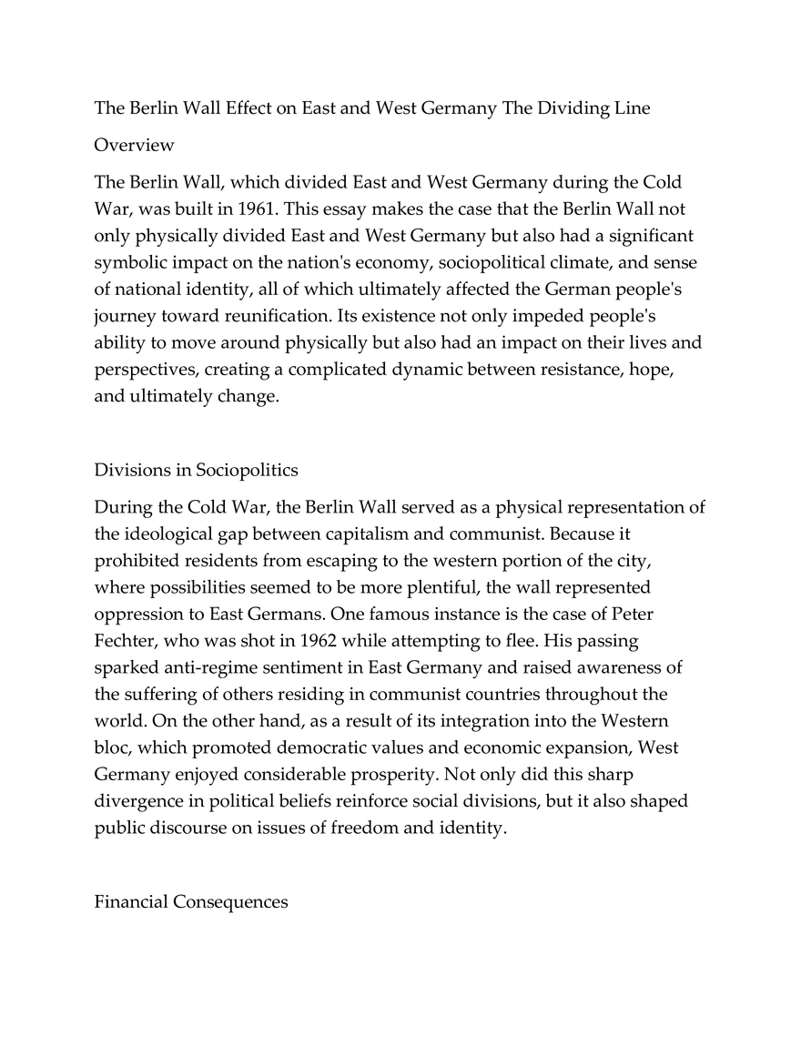The Berlin Wall Effect on East and West Germany The Dividing Line