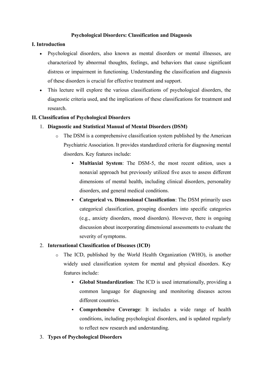 Psychological Disorders Classification and Diagnosis Lecture Note