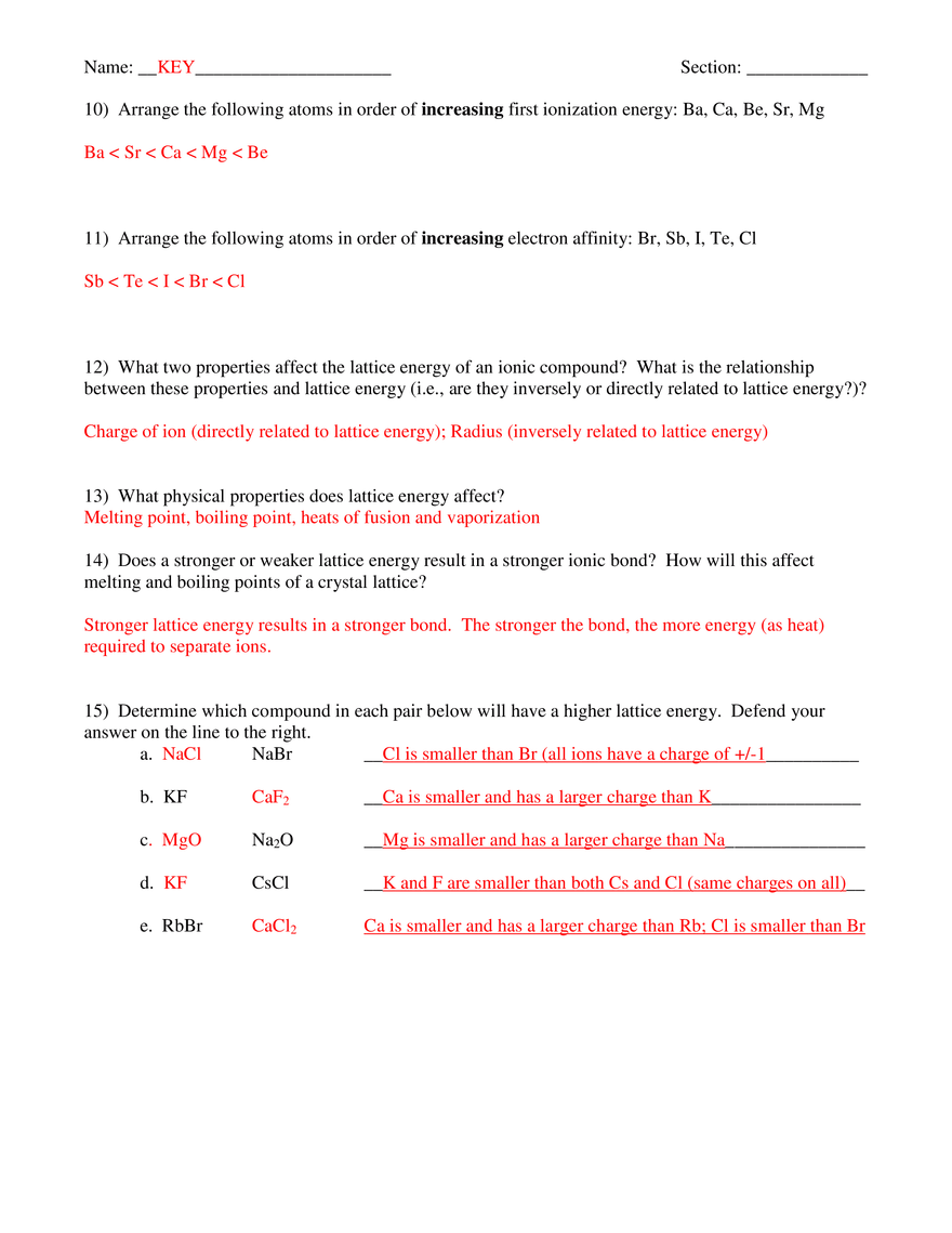 Practice worksheet. Ionic Bonds and Some MainGroup Chemistry Answer