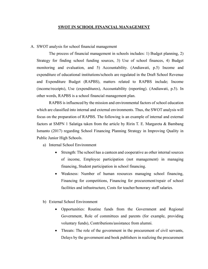 SWOT IN SCHOOL FINANCIAL MANAGEMENT Edubirdie