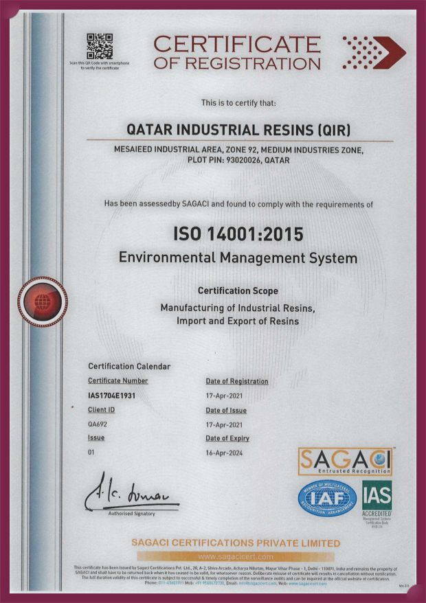 Quality Certificate Qatar Resins