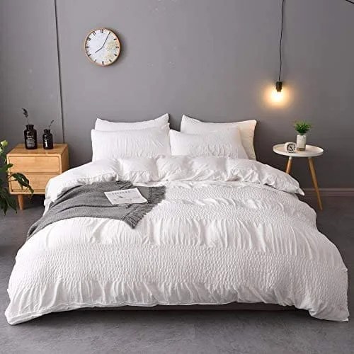 M&Meagle 3 Pieces White Duvet Cover Textured Striped Set with Zipper