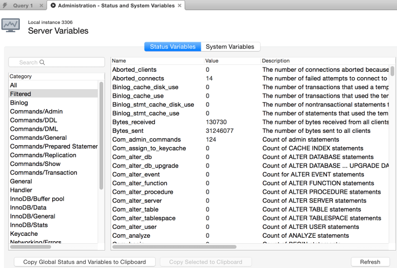 MySQL Workbench Status and System Variables