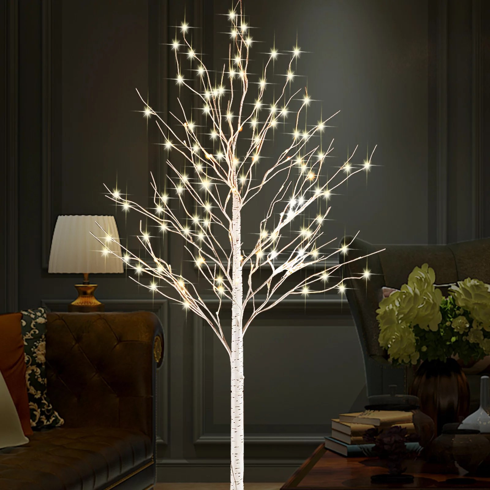 6 Feet Prelit Artificial Birch Tree with 440 LEDs,Warm White, for Home