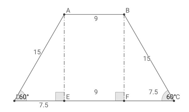 Abcd Is An Isosceles Trapezoid With Each Base Angle Equal To 60 Degrees. If The Upper Base Is 9Cm And Each Leg Is 15Cm, What Is The Length Of The Longer Base? -