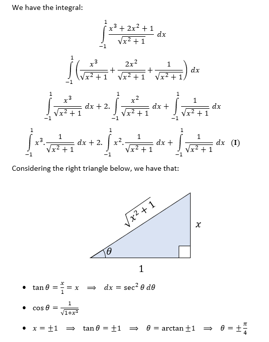 How to calculate [math] \int_{1}^1 \frac{x^3+2x^2+1}{\sqrt{x^2+1}}dx
