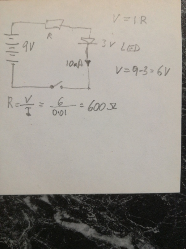 An Led needs 3 volts to light up, I attached 3 resistors to a 9V