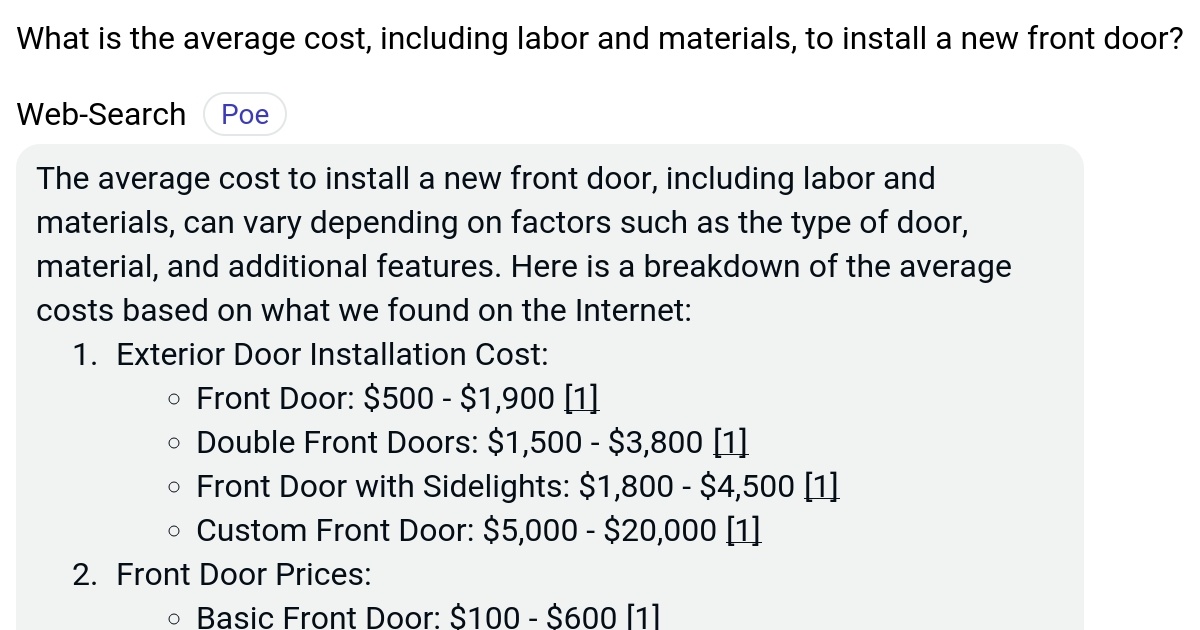 What is the average cost, including labor and materials, to install a new front door? Poe
