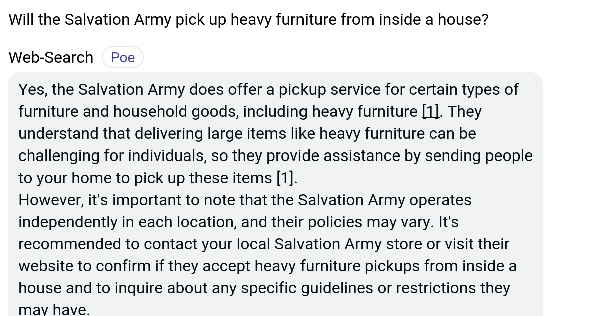 Will the Salvation Army pick up heavy furniture from inside a house? Poe