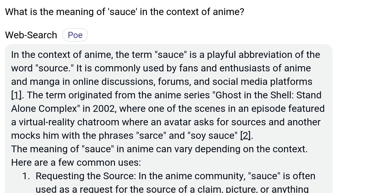 What is the meaning of 'sauce' in the context of anime? Poe