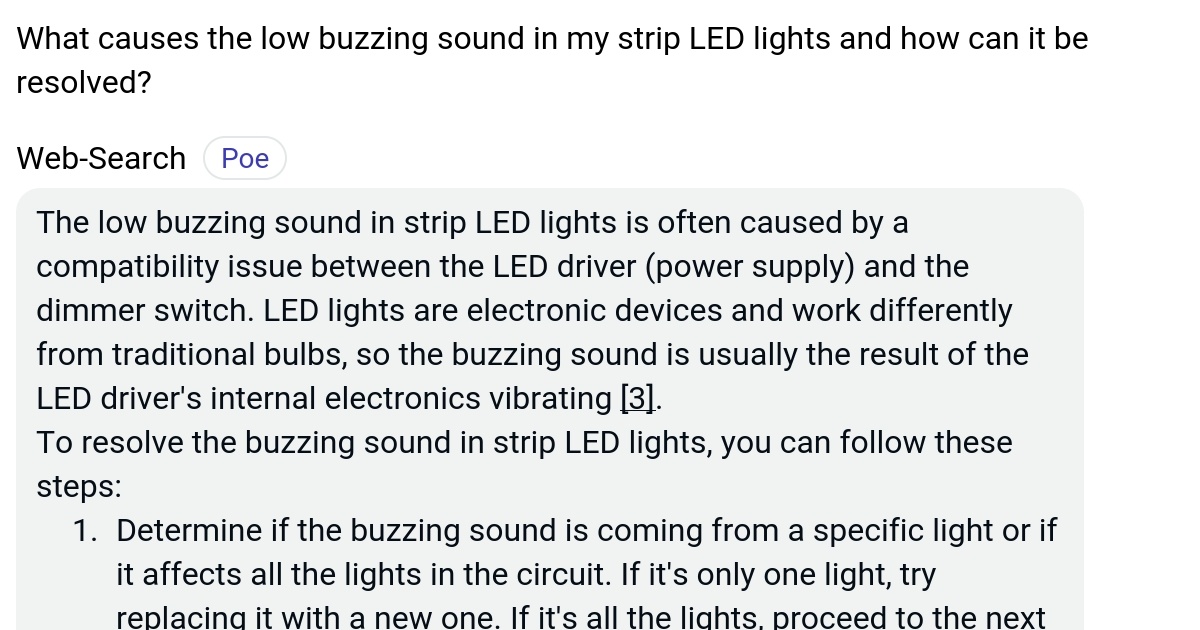 What causes the low buzzing sound in my strip LED lights and how can it