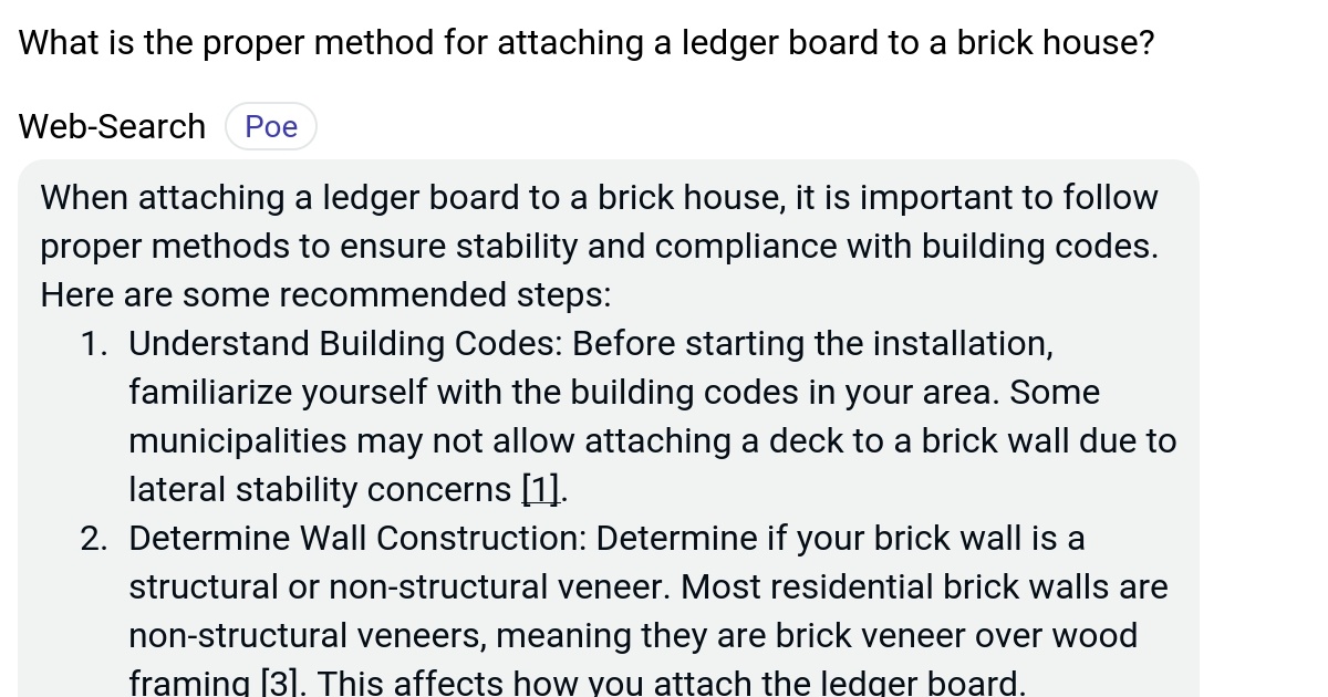 What is the proper method for attaching a ledger board to a brick house