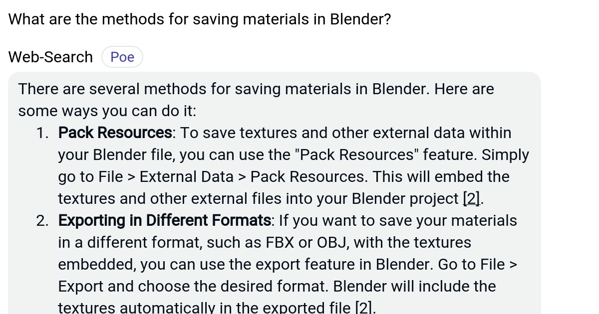 What are the methods for saving materials in Blender? Poe