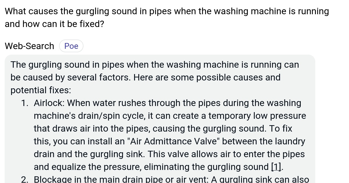What causes the gurgling sound in pipes when the washing machine is