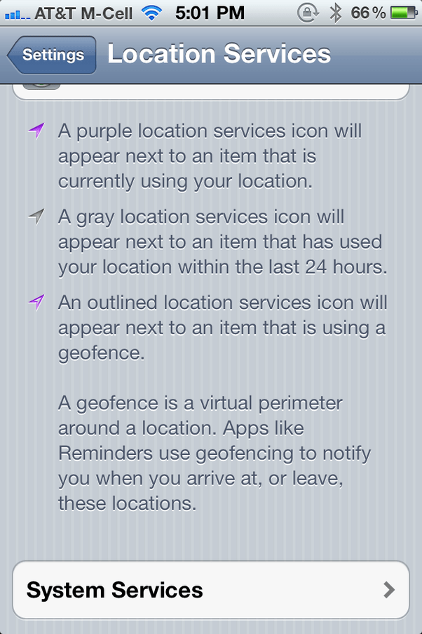 What do the different arrow images for location services on iOS 5.x