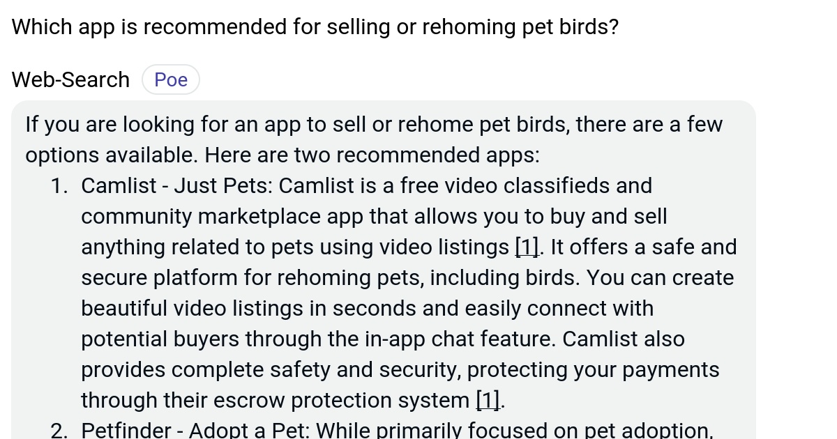 Which app is for selling or rehoming pet birds? Poe