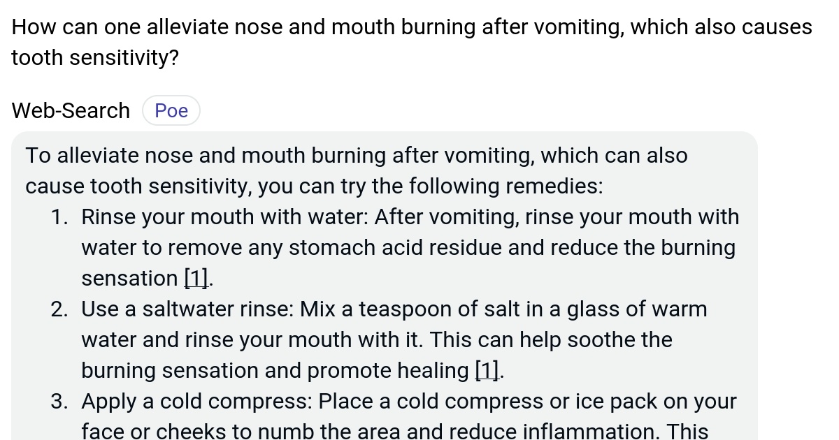 How can one alleviate nose and mouth burning after vomiting, which also