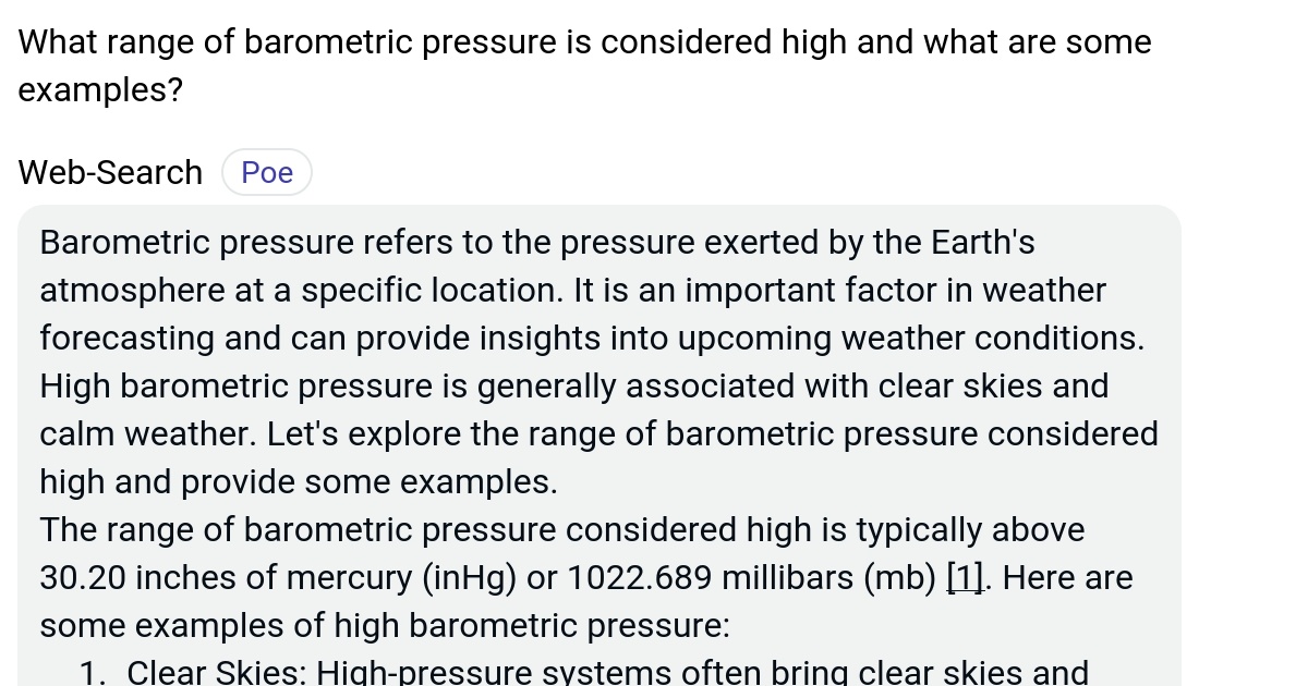 What range of barometric pressure is considered high and what are some