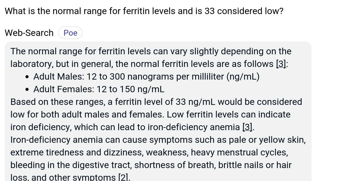 What is the normal range for ferritin levels and is 33 considered low