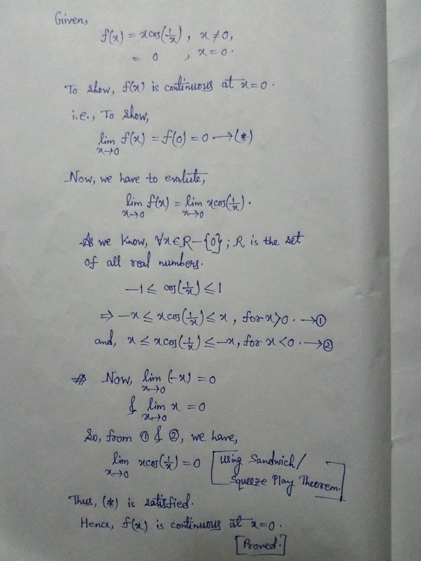How can it be proved that f(x) = xcos1/x and x not equal to zero & f (0