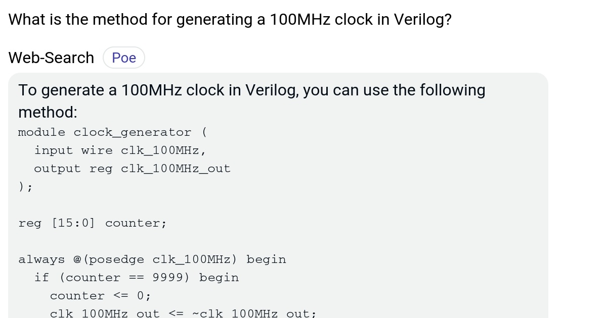 What is the method for generating a 100MHz clock in Verilog? Poe
