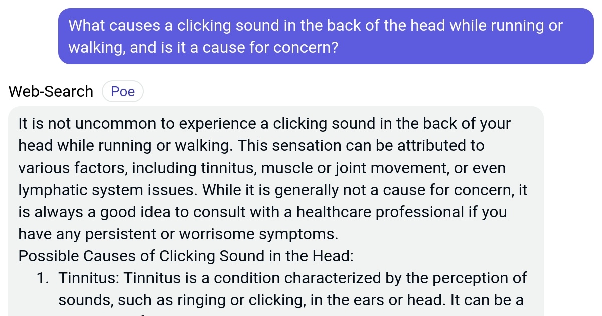 What causes a clicking sound in the back of the head while running or walking, and is it a cause