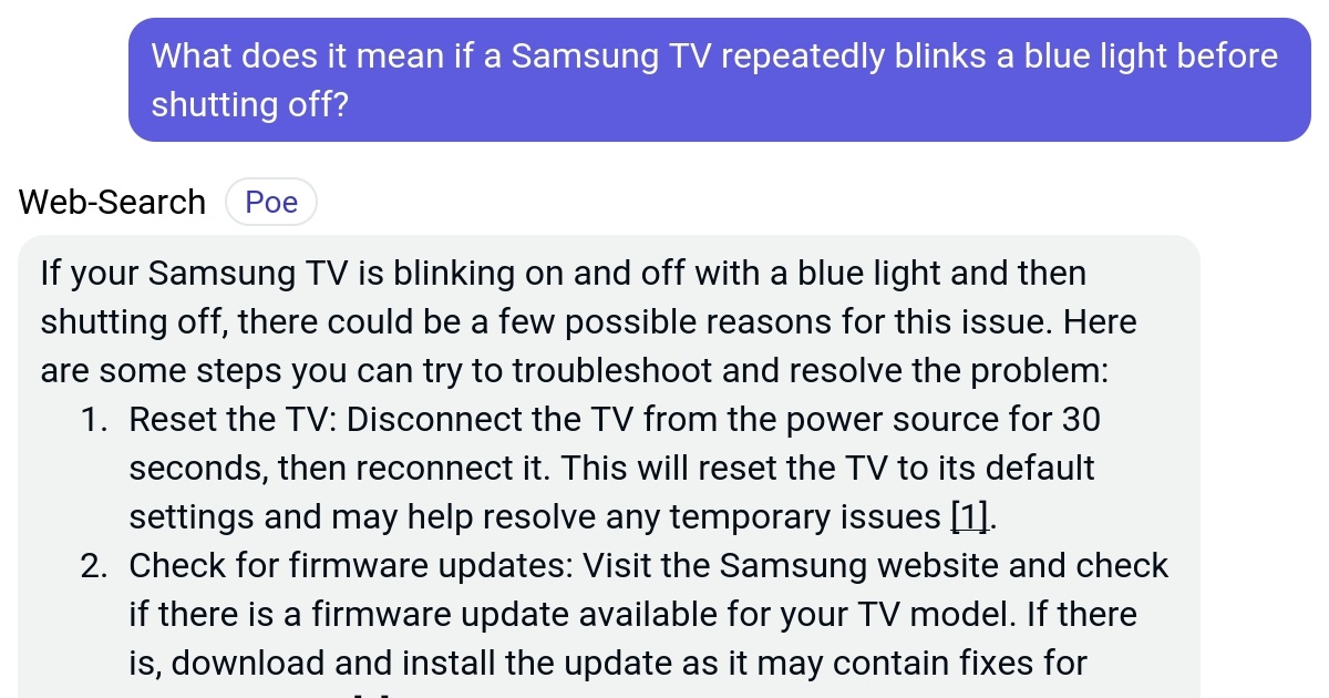What does it mean if a Samsung TV repeatedly blinks a blue light before