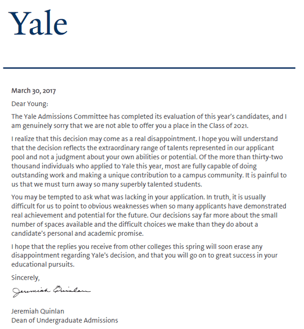 What does the rejection letter from Oxbridge/Ivy league look like? Quora