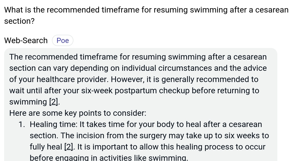 What is the timeframe for resuming swimming after a cesarean section? Poe