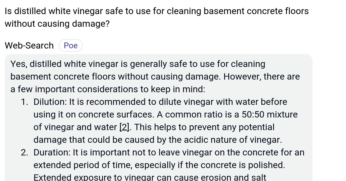 Is distilled white vinegar safe to use for cleaning basement concrete