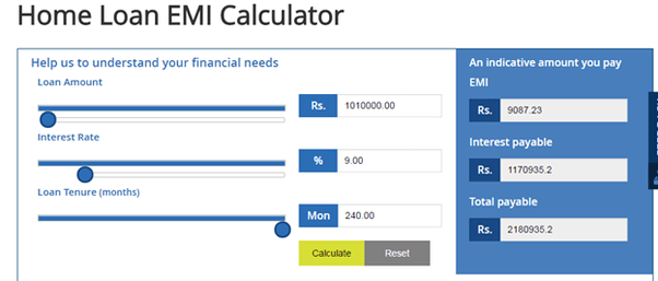 What is the EMI if a home loan for 10 lakhs is taken for a 20year