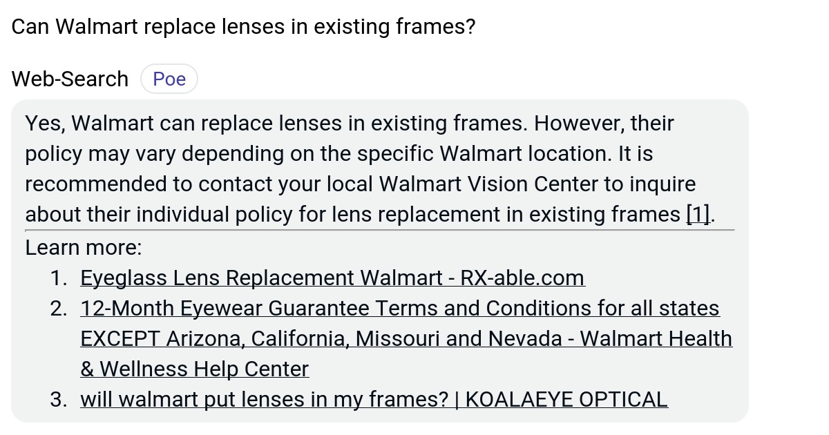 Can Walmart replace lenses in existing frames? Poe