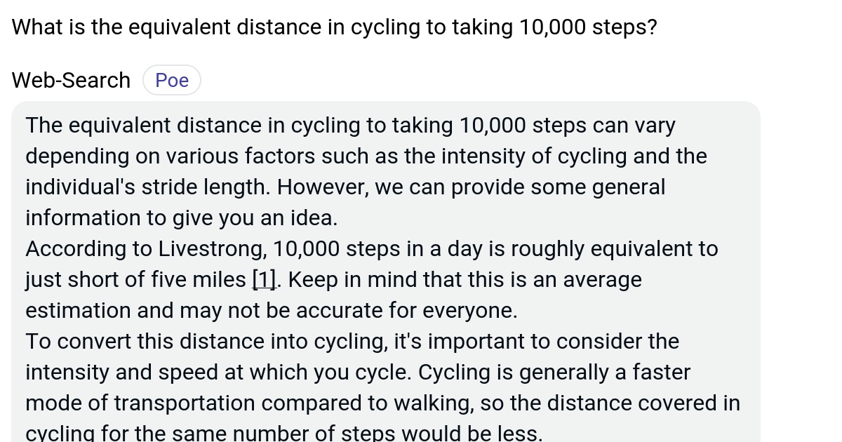 What is the equivalent distance in cycling to taking 10,000 steps? Poe