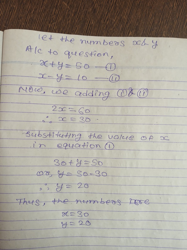Sum of two numbers is 50 and their difference is 10. Find the numbers