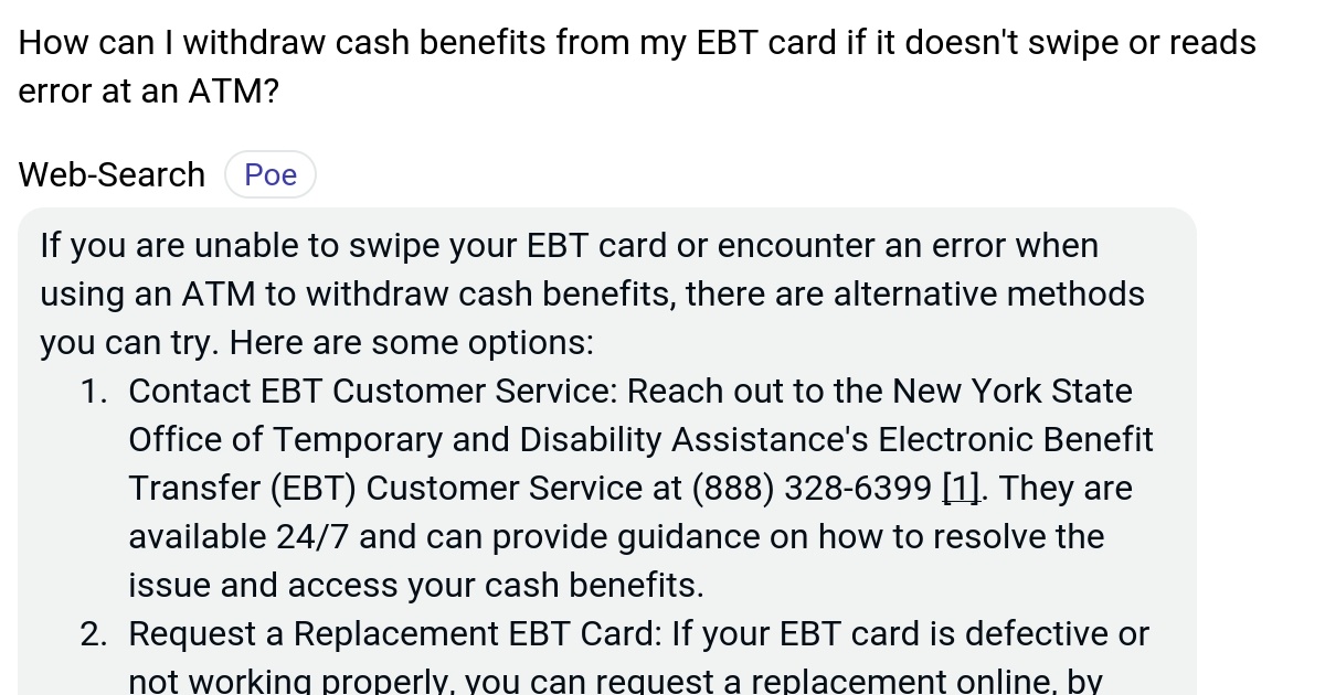 How can I withdraw cash benefits from my EBT card if it doesn't swipe