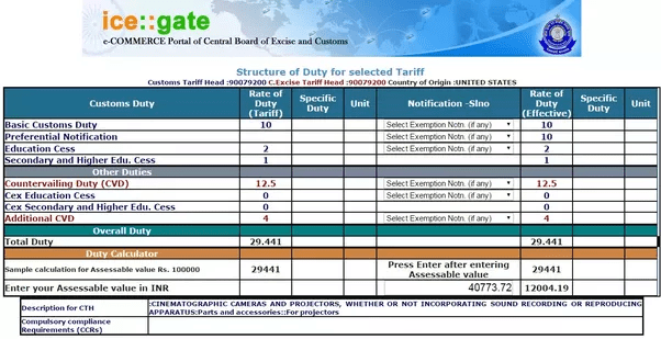 What will the customs charges in India be on a projector with a value