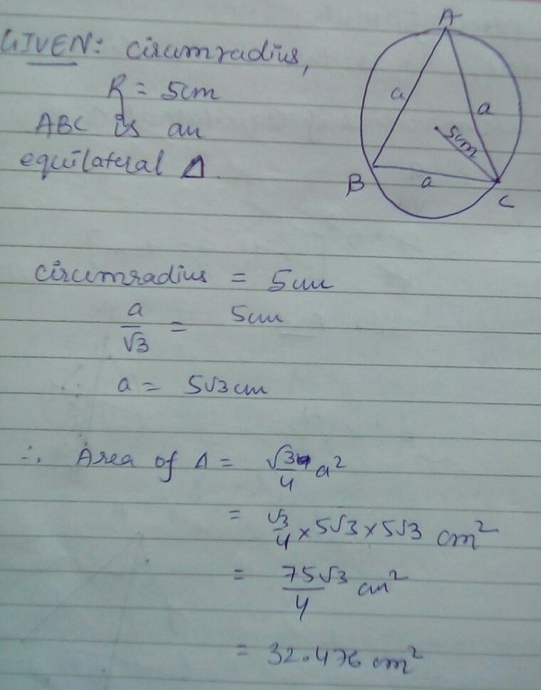 What is the area of an equilateral triangle inscribed in a circle with