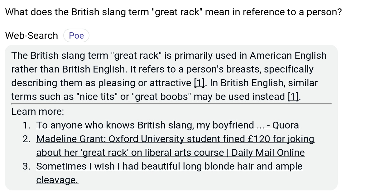 What does the British slang term "great rack" mean in reference to a