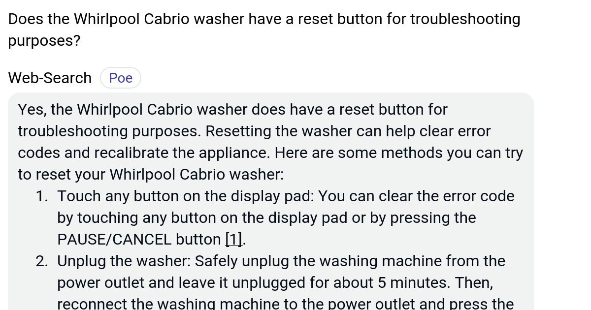Does the Whirlpool Cabrio washer have a reset button for