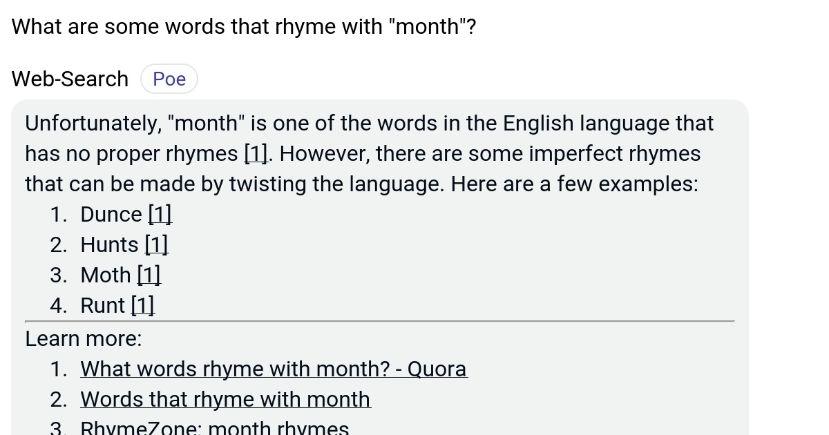 What are some words that rhyme with "month"? Poe