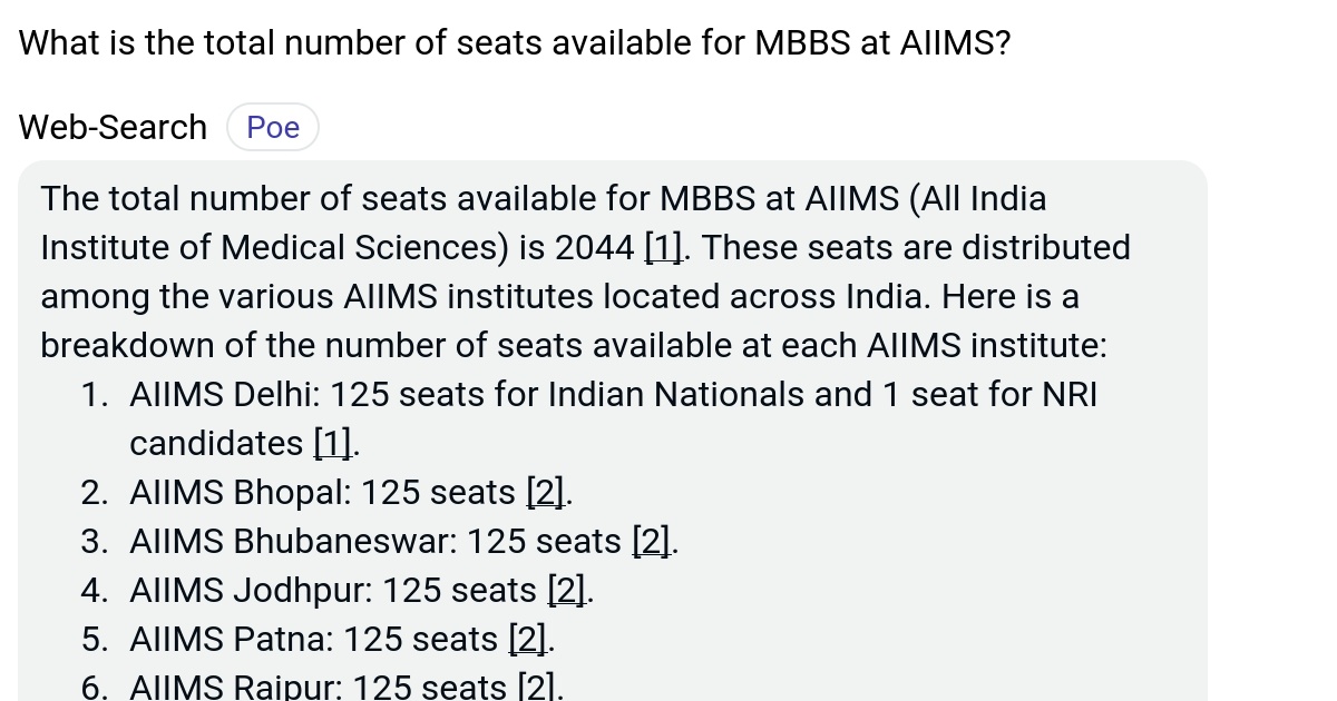 What is the total number of seats available for MBBS at AIIMS? Poe