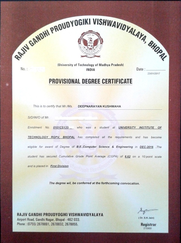 How does the final degree certificate (engineering) of UIT RGPV look