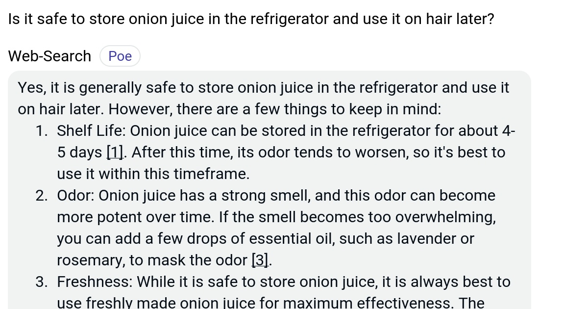 Is it safe to store onion juice in the refrigerator and use it on hair